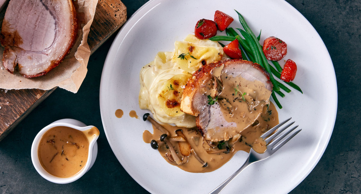Roast loin of pork with wild mushroom sauce